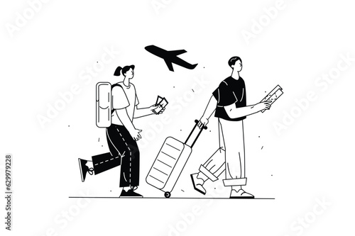 Travel concept with people scene in the flat line cartoon design. A young couple rushes to board a plane to travel. Vector illustration.