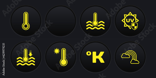 Set Water thermometer, UV protection, Meteorology, Kelvin, Rainbow with sun, clouds and icon. Vector