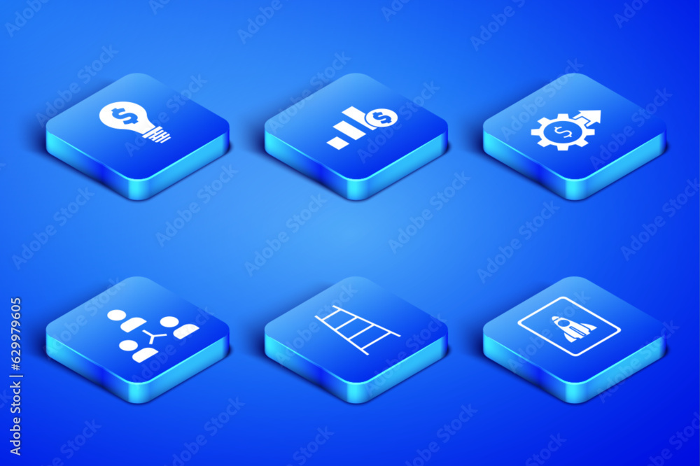 Set Startup project concept, Light bulb with dollar, Stair finish flag, Project team base, Pie chart and and Gear icon. Vector Set Startup project concept, Light bulb with dollar, Stair finish flag, Project team base, Pie chart and and Gear icon. Vector
