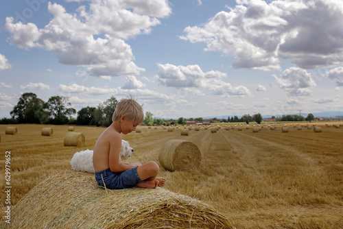 Beautiful blond child, boy, lying on a haystack in the field. Amazing landscape, rural scene with clouds, tree and empty road summertime, fields of haystack next to the road