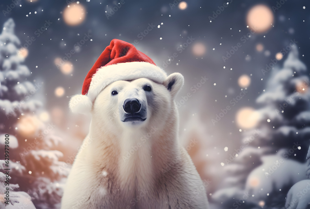 White polar bear in red Santa hat, Generative AI White polar bear in red Santa hat, Generative AI