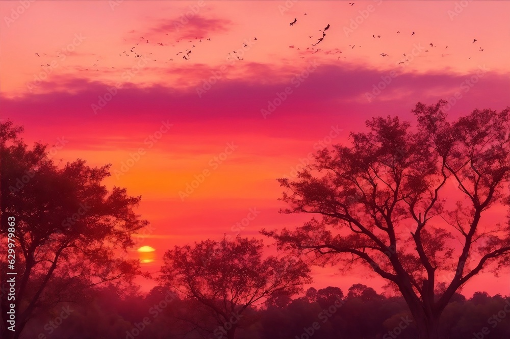 A peaceful sunrise, the sky a brilliant mix of oranges and pinks, the birds singing in the trees.Created with generative AI A peaceful sunrise, the sky a brilliant mix of oranges and pinks, the birds singing in the trees.Created with generative AI