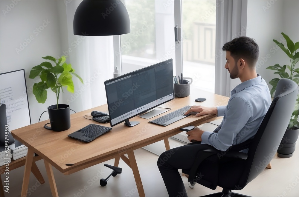 A person working with a laptop and smartphone in a comfortable and modern home office setup.Created with generative AI A person working with a laptop and smartphone in a comfortable and modern home office setup.Created with generative AI