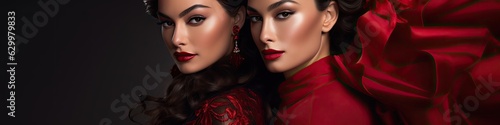 Hispanic Female Red Fashion Design And Second Female Backdrop Copyspace Generative AI