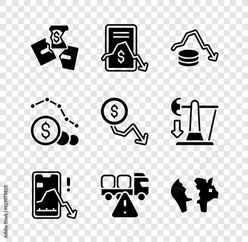 Set Tearing money banknote, Mobile stock trading, Dollar rate decrease, Stop delivery cargo truck, Broken piggy, and icon. Vector