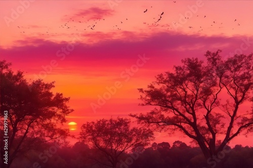 A peaceful sunrise  the sky a brilliant mix of oranges and pinks  the birds singing in the trees.Created with generative AI