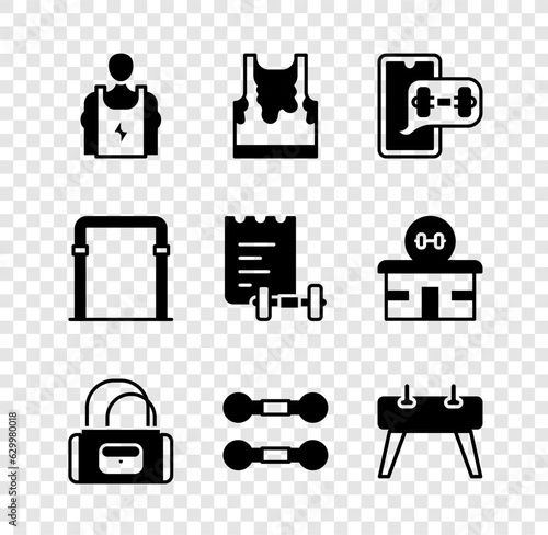 Set Bodybuilder, Sweaty sleeveless t-shirt, Fitness app, Sport bag, Dumbbell, Pommel horse, horizontal bar and training program icon. Vector