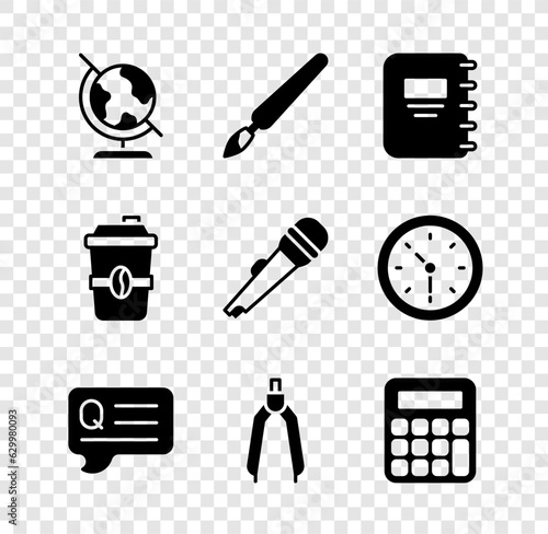 Set Earth globe, Paint brush, Notebook, Speech bubbles with Question, Drawing compass, Calculator, Coffee cup go and Microphone icon. Vector