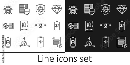 Set line Upload file, Smartphone with heart rate, UV protection, Micro SD memory card, Air conditioner, Diploma rolled scroll and Server shield icon. Vector