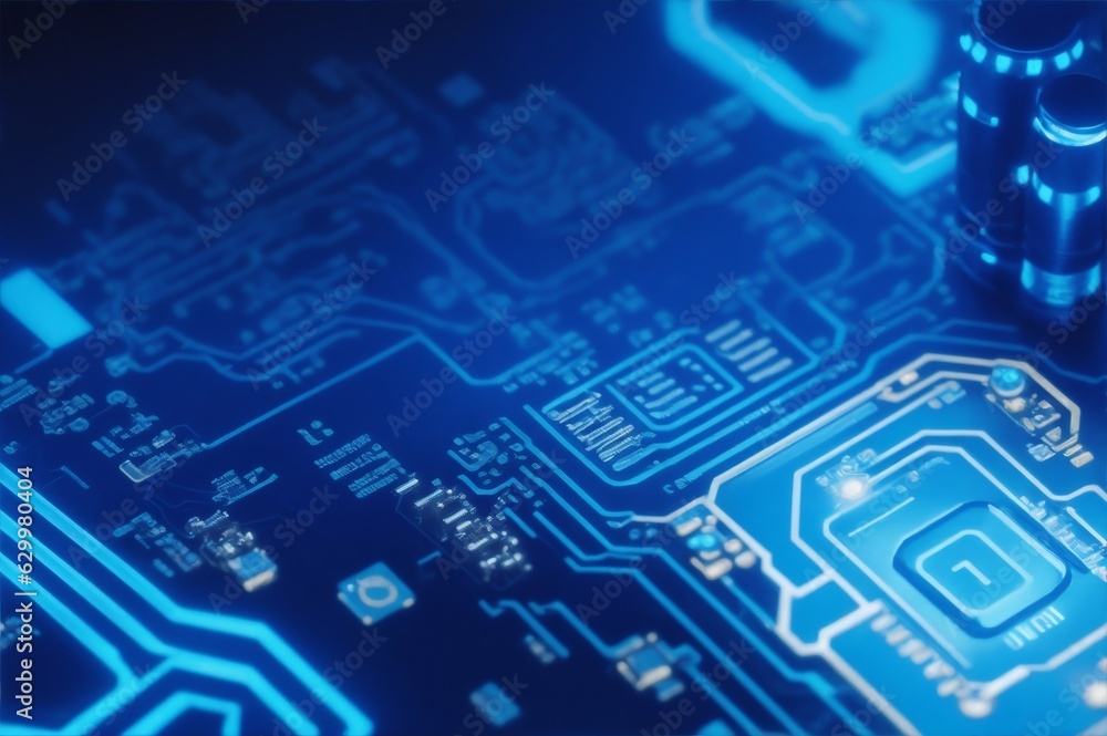 A close-up of a circuit board, its intricate pathways illuminated by a brilliant blue light.Created with generative AI A close-up of a circuit board, its intricate pathways illuminated by a brilliant blue light.Created with generative AI