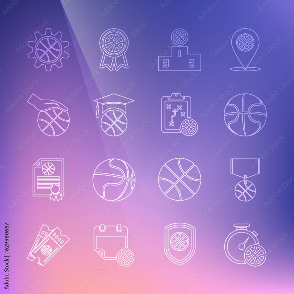 Naklejka premium Set line Stopwatch with basketball ball, Basketball medal, Sports winner podium, training, Hand, Planning strategy concept and icon. Vector