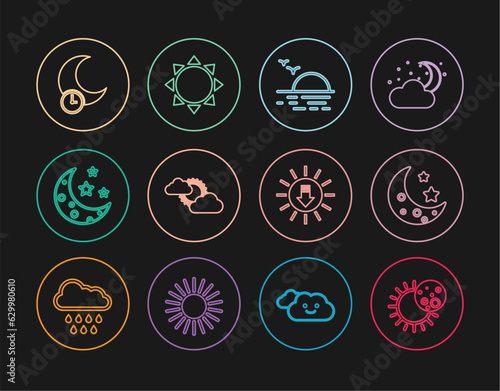 Set line Eclipse of the sun, Moon and stars, Sunset, cloud weather, Sleeping moon, and icon. Vector
