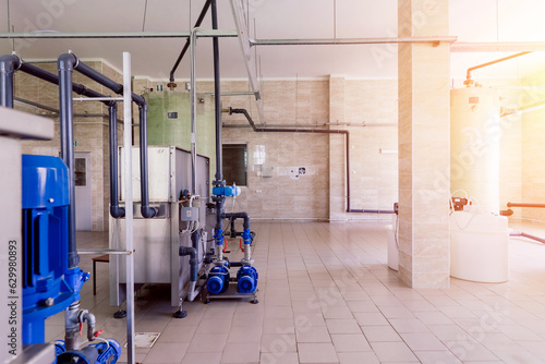 New boiler station, boiler room, engine room. Technical equipment.