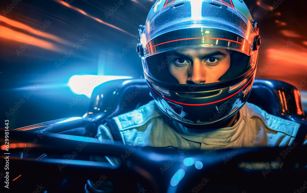 F1 driver with a helmet, is piloting his car. The background has a motion blur. Dazzling lights F1 driver with a helmet, is piloting his car. The background has a motion blur. Dazzling lights