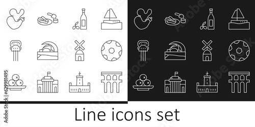 Set line Aqueduct of Segovia, Football ball, Bottle olive oil, Concert hall de Tenerife, Peineta, Spanish wineskin, Windmill and Churros and chocolate icon. Vector
