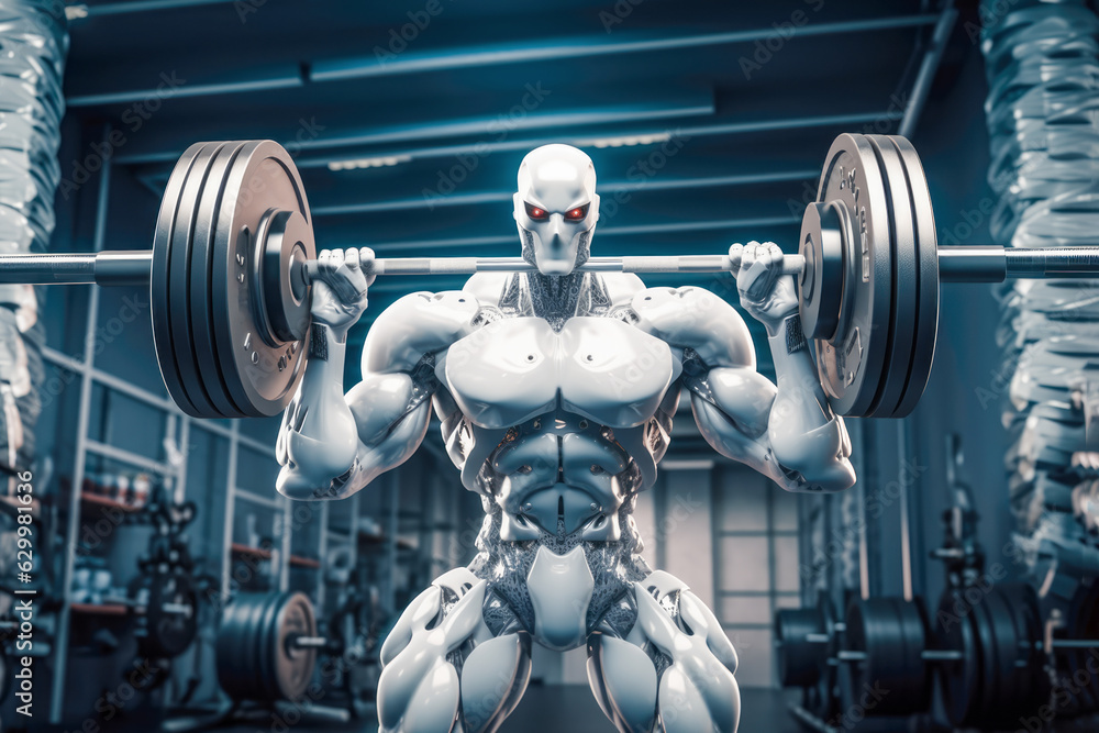 In the futuristic gym, an android humanoid demonstrates athletic prowess, bodybuilding, and lifting, showcasing its power and fitness abilities.