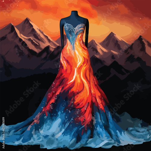 Envision an alluring woman who embodies the elements of fire and ice, her presence exuding both power and grace. Her attire is a masterpiece, featuring a fiery dress that flickers with dancing flames 