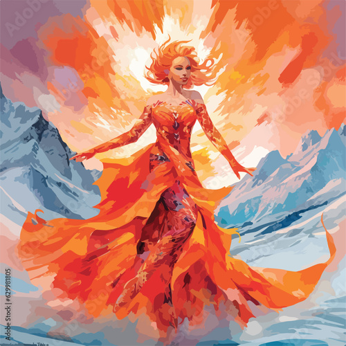 Envision an alluring woman who embodies the elements of fire and ice, her presence exuding both power and grace. Her attire is a masterpiece, featuring a fiery dress that flickers with dancing flames 