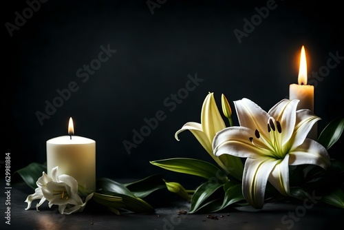 Beautiful lily and burning candle on dark background with space for text. Funeral white flowers