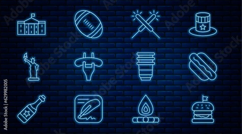 Set line Burger, Hotdog sandwich, Sparkler firework, Sausage on the fork, Statue of Liberty, United States Capitol Congress, Paper glass and American Football ball icon. Vector