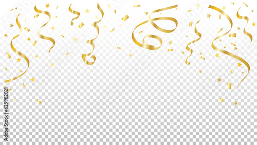 Golden Tiny Confetti And Streamer Ribbon Falling On Transparent Background. Celebration Wallpaper. Cover. Banner. Vector Illustration
