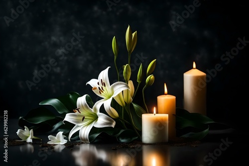 Beautiful lily and burning candle on dark background with space for text. Funeral white flowers