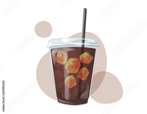 アイスコーヒーのイラスト, テイクアウト用のプラスチックカップ, 水彩タッチの挿絵.