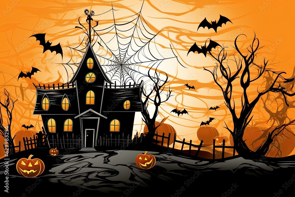 Halloween Spooky Mansion, Hunted House with Pumpkins and Bets