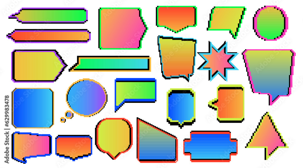 Set of vector different acidic 90s gradient dialog shape pixel speech bubble Set of vector different acidic 90s gradient dialog shape pixel speech bubble