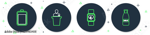 Set line Speaker, Smart watch heart beat rate, Battery and Glass bottle milk and cap icon. Vector