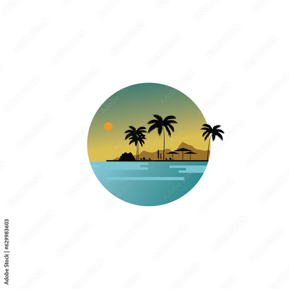 Sphere of sunset on beautiful beach. Vector illustration