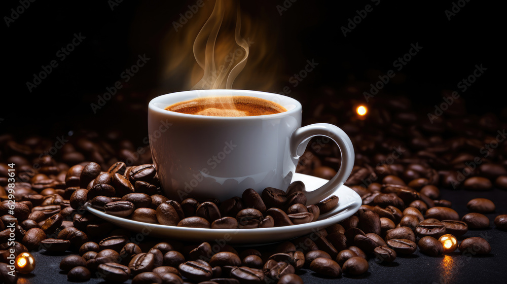 Photo Of Coffee With beans black matte background, Background, Generative Ai Photo Of Coffee With beans black matte background, Background, Generative Ai