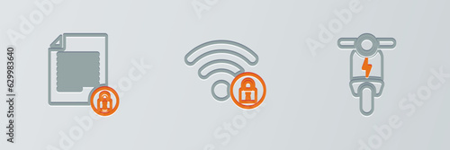 Set line Electric scooter, Document and lock and Wifi locked icon. Vector