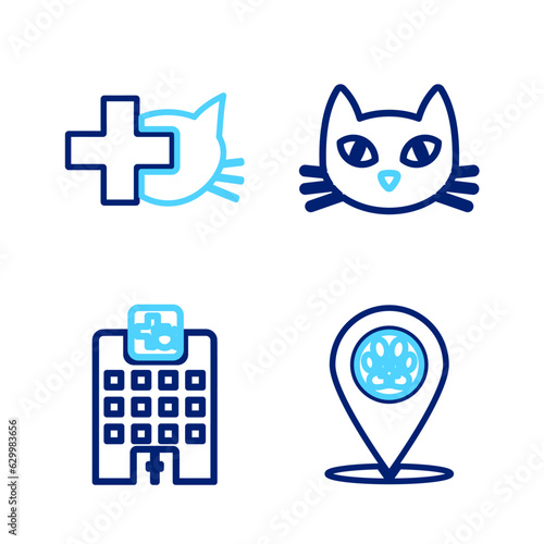Set line Location veterinary, Veterinary medicine hospital, Cat and clinic icon. Vector