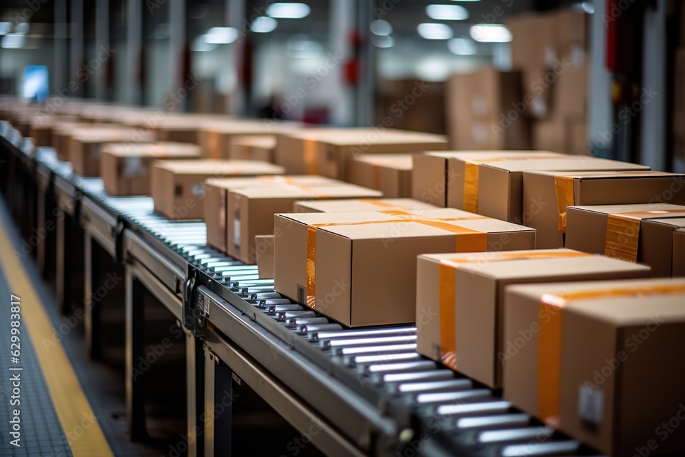 Many cardboard boxes on a conveyor belt in a packing shop Many cardboard boxes on a conveyor belt in a packing shop