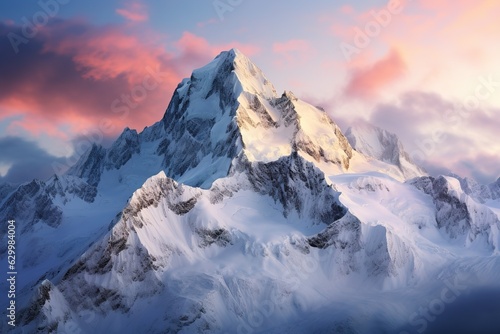 Beautiful snowy mountain peaks surrounded by misty clouds