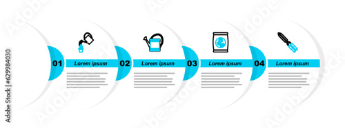 Set line Gardening handmade scissor, Fertilizer bag, Watering can and icon. Vector