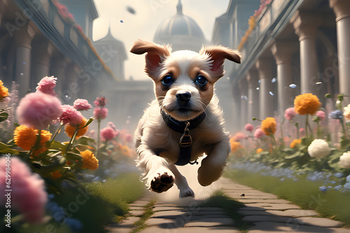 puppy running in a flower garden. generative ai