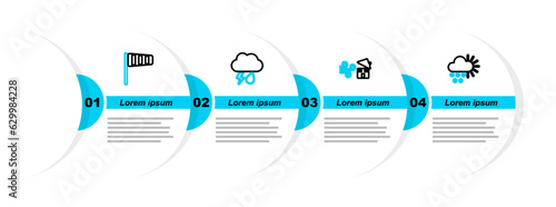 Set line Cloudy with snow, Tornado swirl, rain and lightning and Cone windsock wind vane icon. Vector