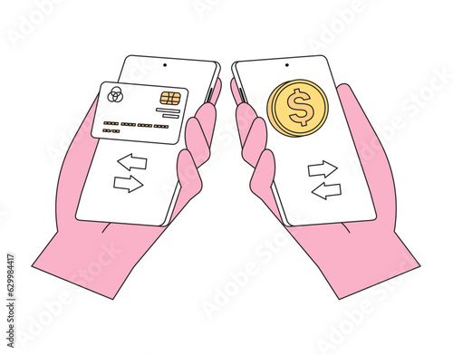 The credit card on smartphone screen in mobile banking application. Mobile payment between two cards concept . Cashback via bank application or via credit card. Paying to customer or new client bonus.