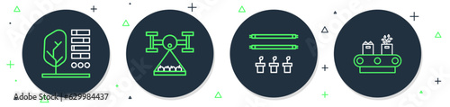 Set line Smart farm with drone, bulb and plant, Plant status and Conveyor belt box icon. Vector