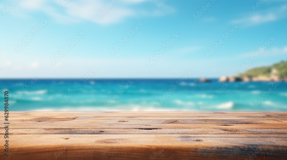 Wooden table top on blurry background of sea island and fresh blue sky, coconut tree wooden sky with clouds on background - For product display montage of your products. Wooden table top on blurry background of sea island and fresh blue sky, coconut tree wooden sky with clouds on background - For product display montage of your products.