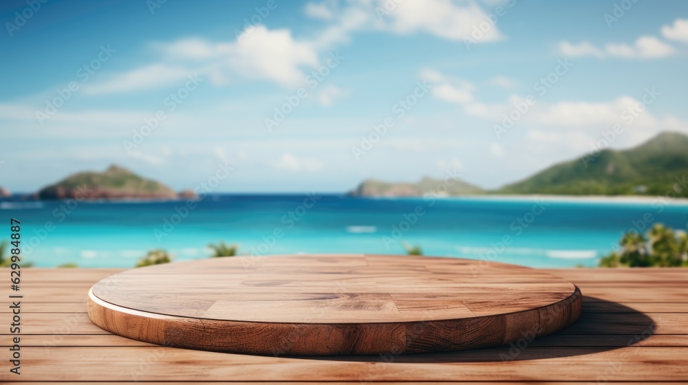 Wooden table top on blurry background of sea island and fresh blue sky, coconut tree wooden sky with clouds on background - For product display montage of your products. Wooden table top on blurry background of sea island and fresh blue sky, coconut tree wooden sky with clouds on background - For product display montage of your products.