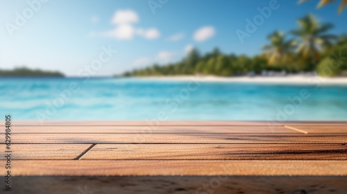 Wooden table top on blurry background of sea island and fresh blue sky  coconut tree wooden sky with clouds on background - For product display montage of your products.