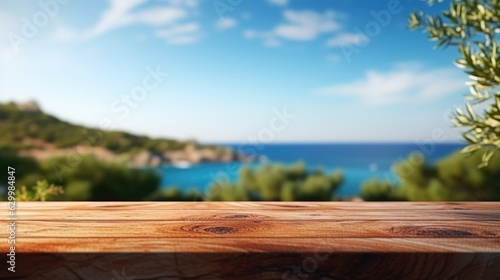 Wooden table top on blurry background of sea island and fresh blue sky  coconut tree wooden sky with clouds on background - For product display montage of your products.