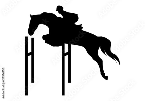 Icono de la hípica. Salto de obstáculos. Jockey o jinete y caballo saltando obstáculos