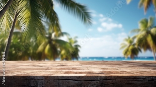 Wooden table top on blurry background of sea island and fresh blue sky  coconut tree wooden sky with clouds on background - For product display montage of your products.