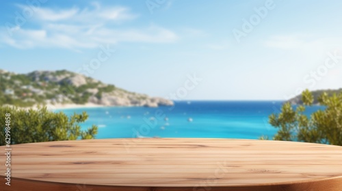 Wooden table top on blurry background of sea island and fresh blue sky  coconut tree wooden sky with clouds on background - For product display montage of your products.