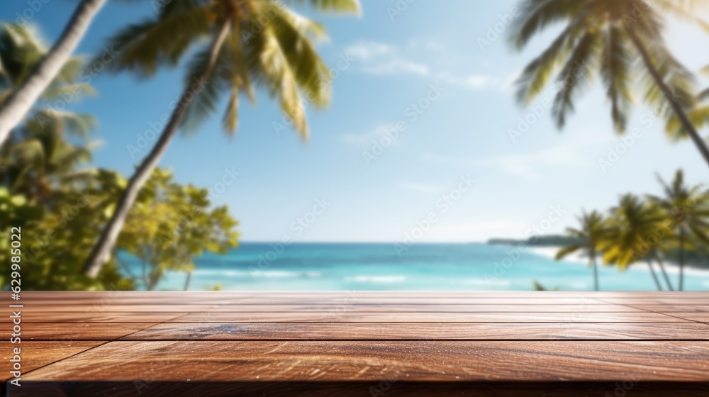 Wooden table top on blurry background of sea island and fresh blue sky, coconut tree wooden sky with clouds on background - For product display montage of your products.