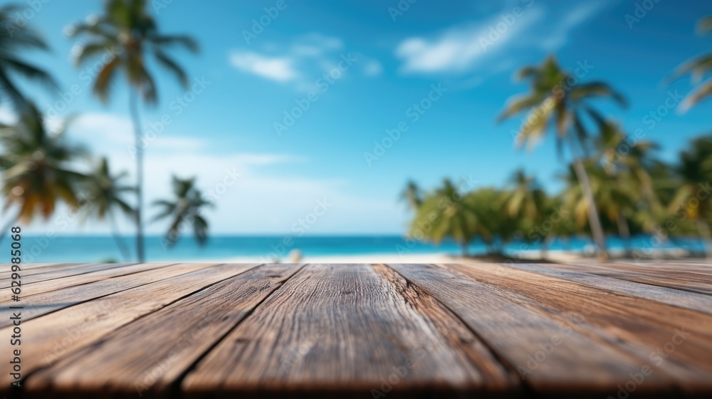 Wooden table top on blurry background of sea island and fresh blue sky, coconut tree wooden sky with clouds on background - For product display montage of your products.